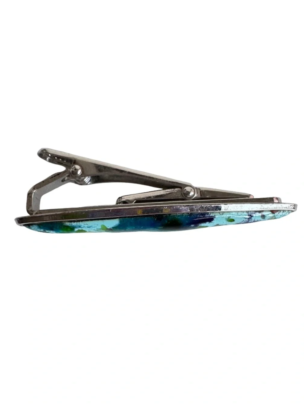 Vintage Japanese Cloisonne Tie Clip Blue Green Abstract Enamel Silver Tone Bar